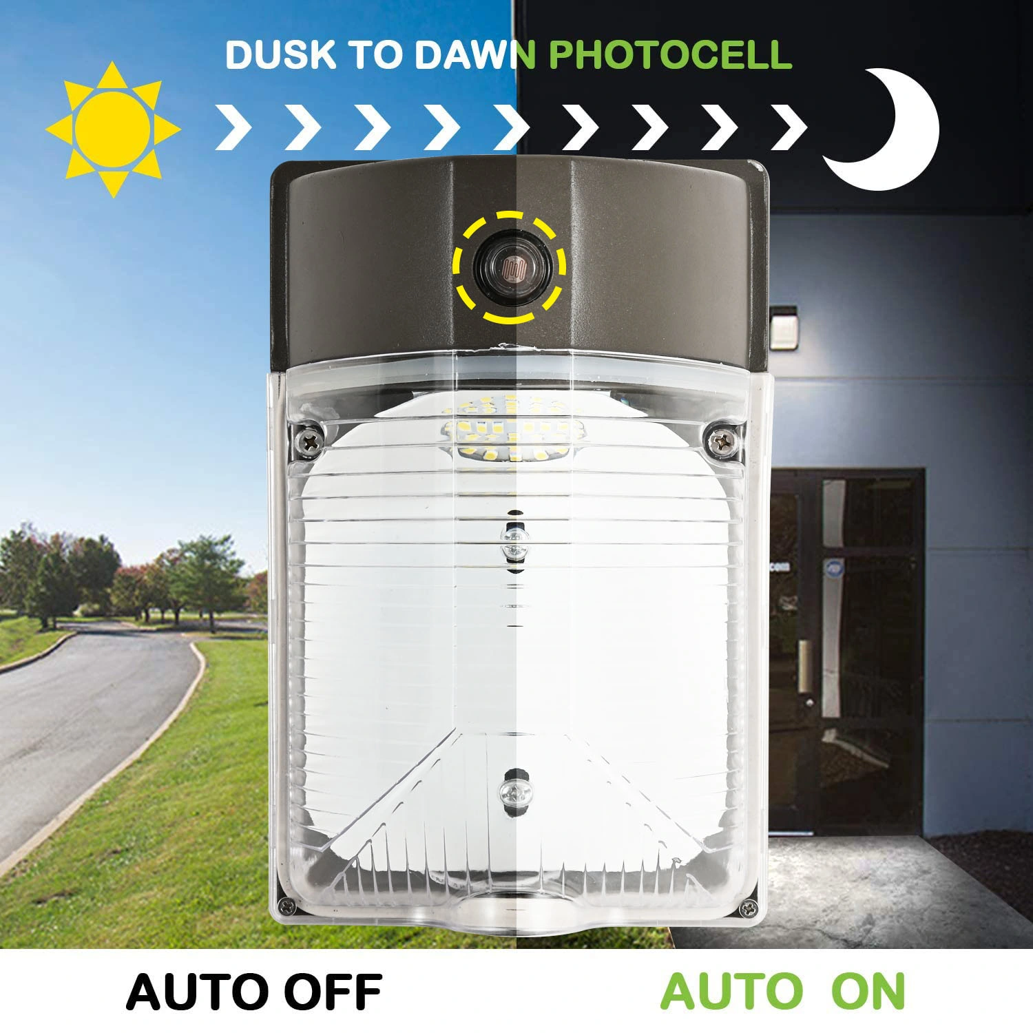 LED Mini Wall Mount Outdoor Dusk to Dawn Light, 25W, Security Wall Lighting Fixture, 6000K, Photocell, with Clear Glass Cover, IP65