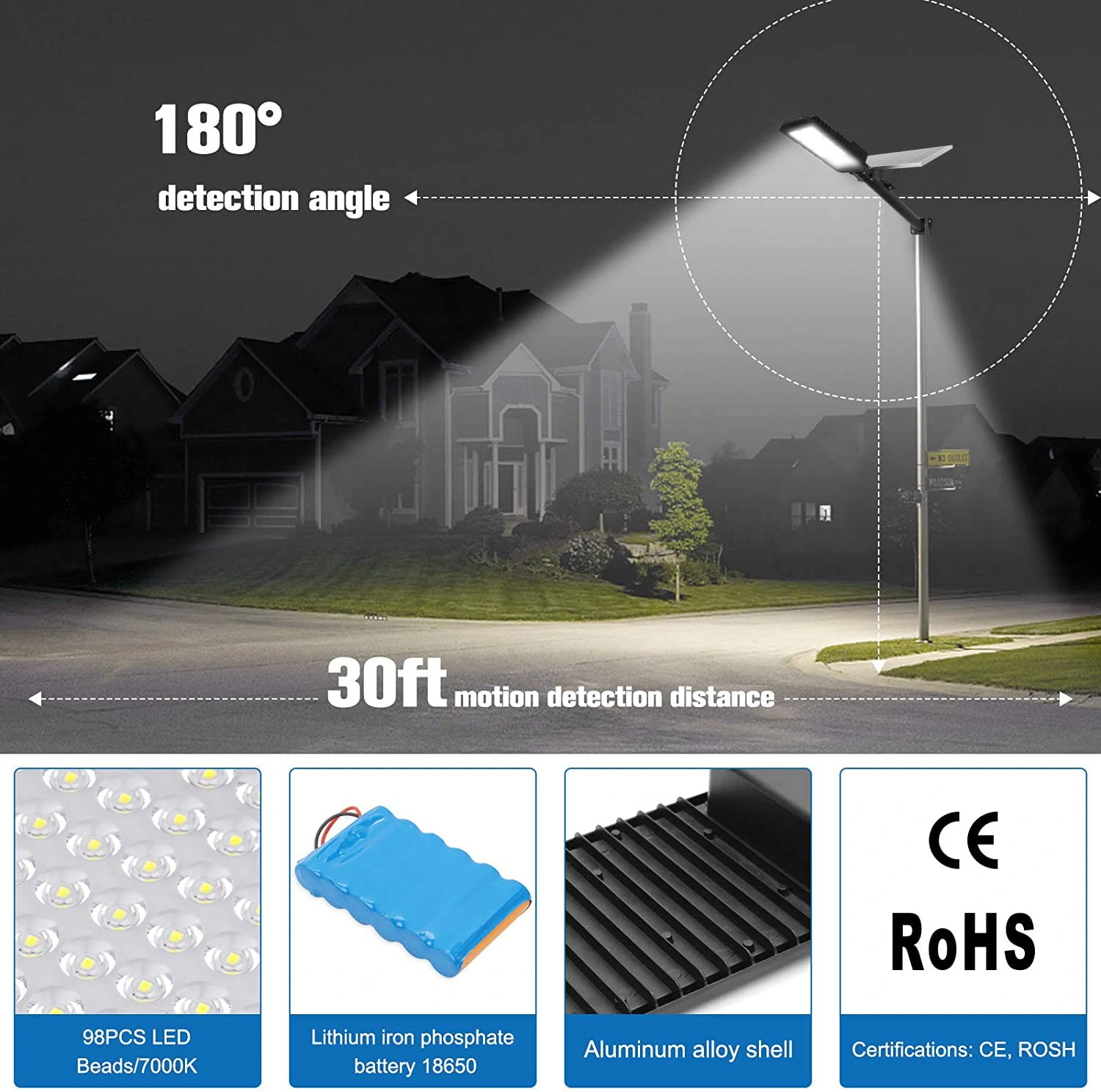 LED 300W Solar Outdoor Street Light, IP65 Waterproof Dusk to Dawn Safe Area Light 6500K Lumens 6500K For Street Yard, Garden,