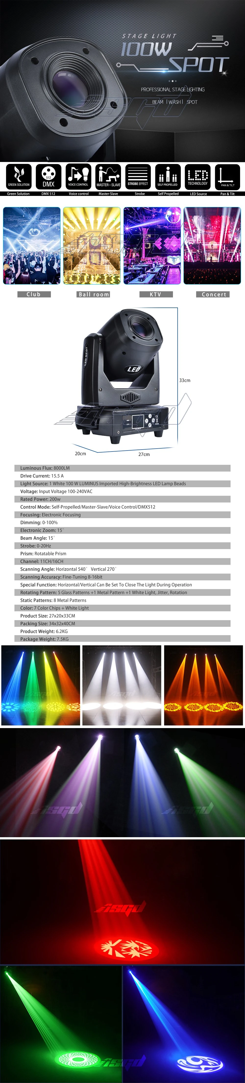 LED Moving Head Lighting 100W Stage Spot Lights DMX DJ KTV