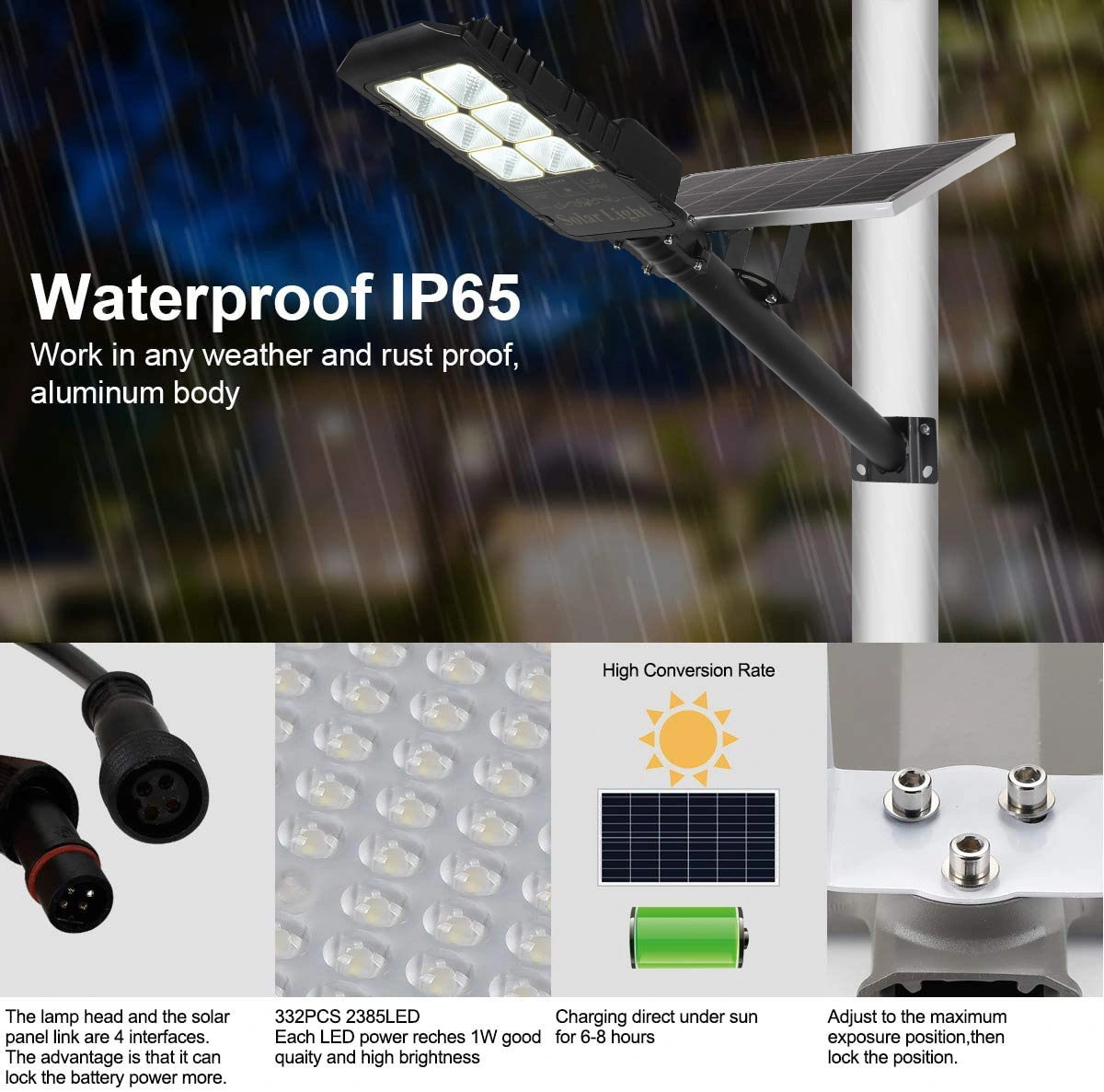 LED 300W Solar Outdoor Street Light, IP65 Waterproof Dusk to Dawn Safe Area Light 6500K Lumens 6500K For Street Yard, Garden,