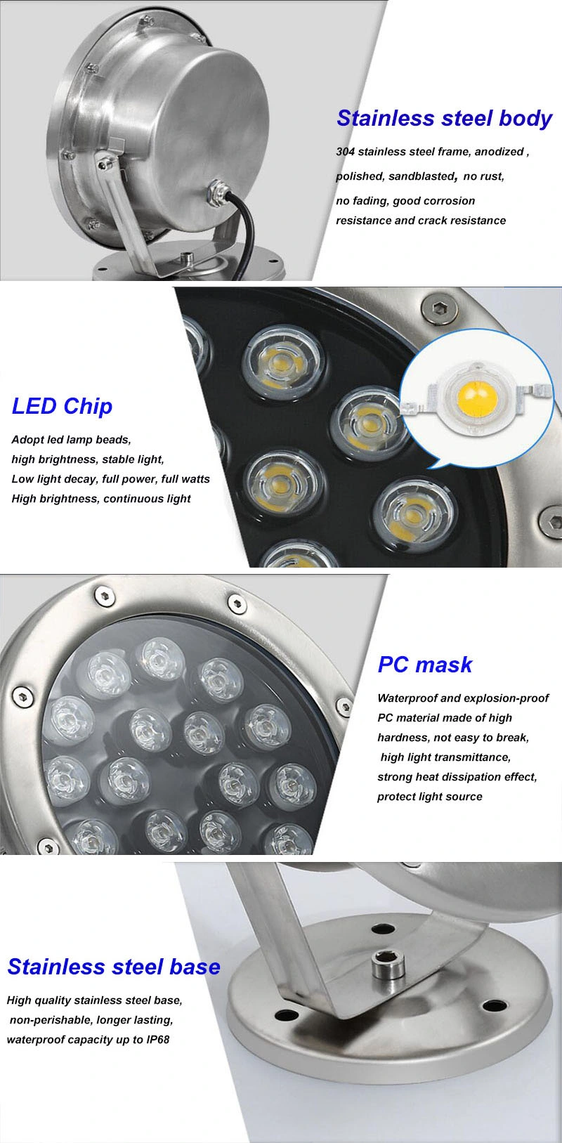 High Quality Waterproof IP68 LED Underwater Lighting Round Shape RGB Stainless Steel LED Underwater Lighting for Pool