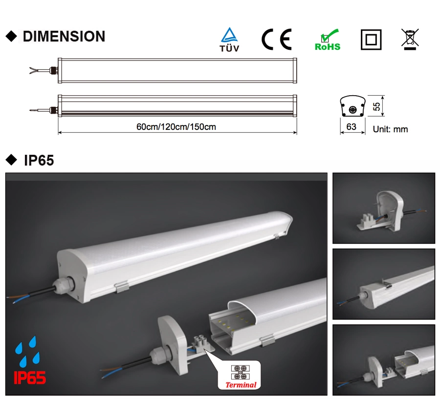IP65 LED Linear Lighting Fixture Tri Proof LED Light