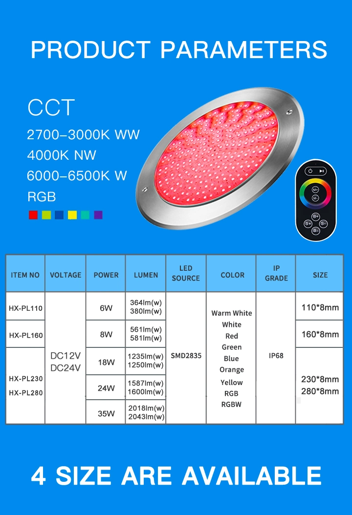 Super Slim 8mm 35W RGBW Pool Light Resin Filled P68 LED Underwater Lighting for Pond SPA
