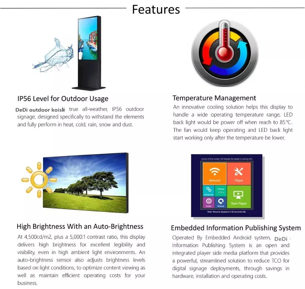 Dedi IP65 Floor Stand Digital Signage Full HD Outdoor LCD Screen, Free Standing Outdoor Digital Signage