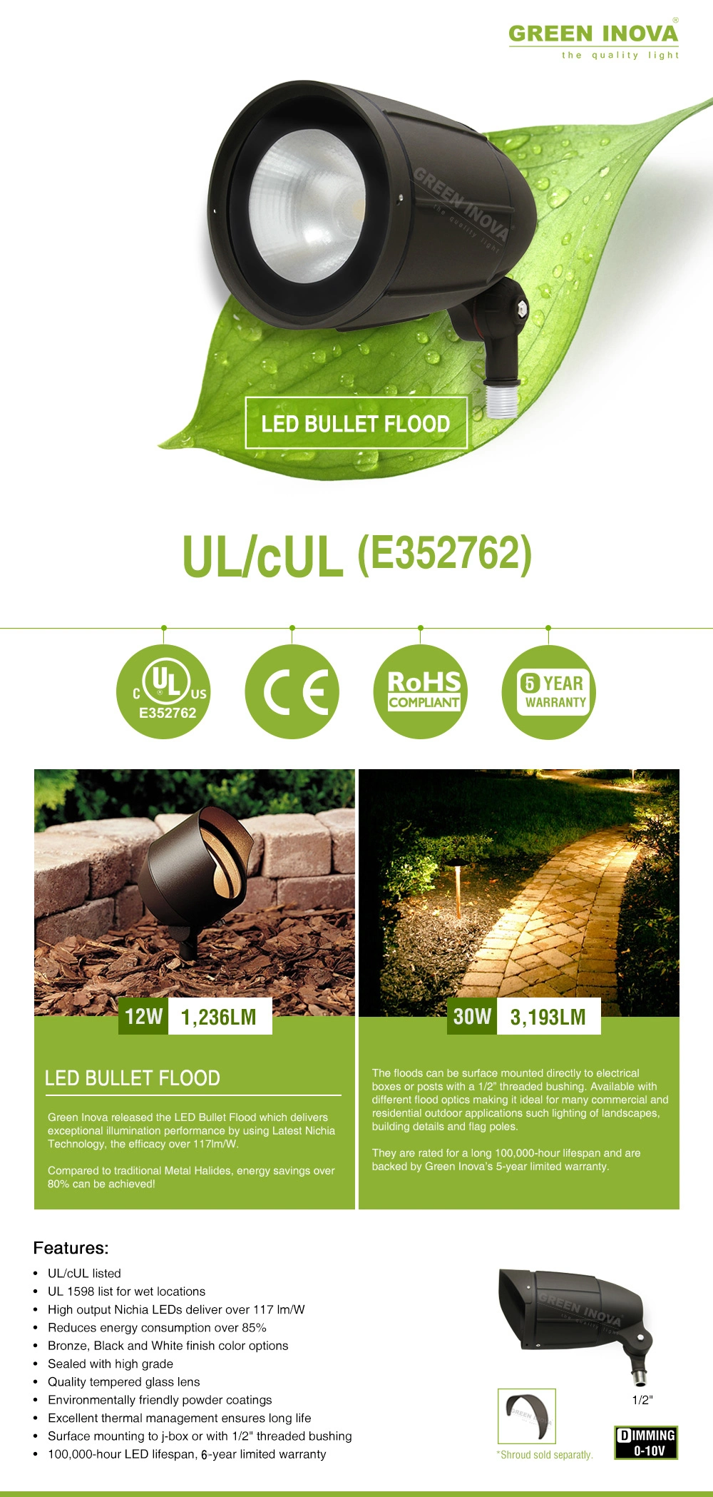 Small LED Bullet Floodlight Lighting Fixture Landscape Lights with Dlc UL