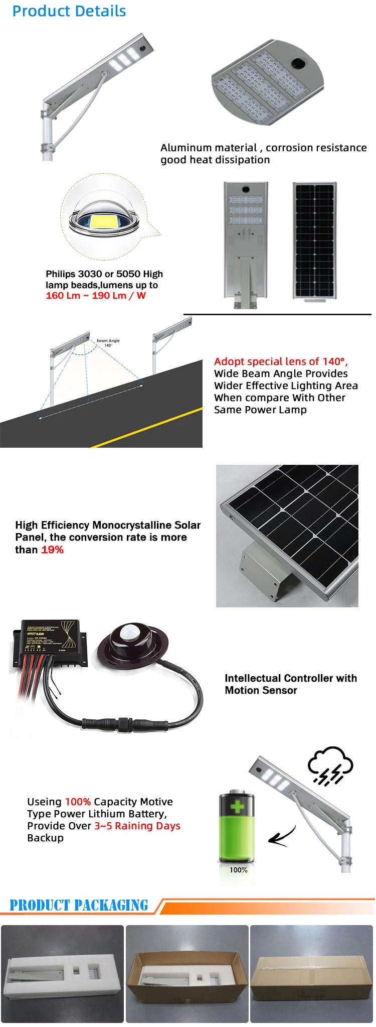 80W All in One Design Outdoor LED Lamp Integrated Solar Street Light