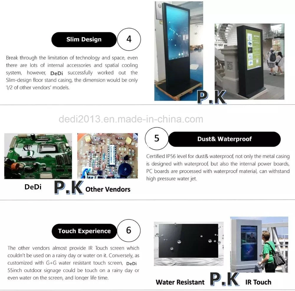 Dedi IP65 Floor Stand Digital Signage Full HD Outdoor LCD Screen, Free Standing Outdoor Digital Signage