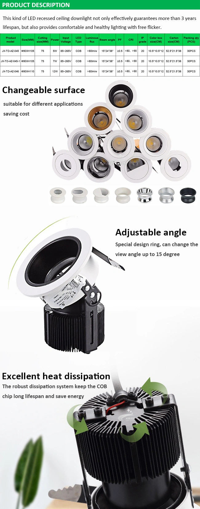 Commercial Lighting Indoor Lighting Dimmable Recessed 5W, 7W, 12W LED Down Light